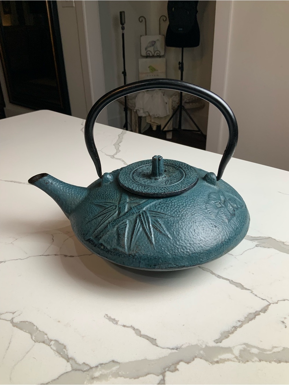 Vintage Japanese Teal Cast Iron Teapot Tetsubin Bamboo Detail Elegant